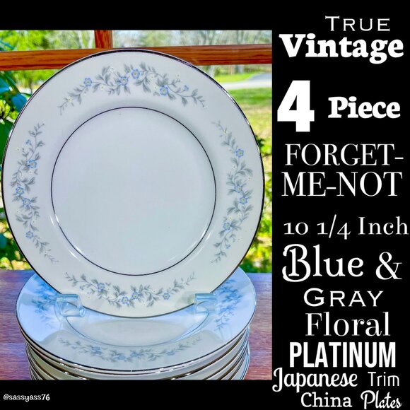 ▪️VTG▪️FORGET-ME-NOT▪️4 Piece 10.25" Blue Gray Floral Platinum Fine China Plates - Picture 1 of 5